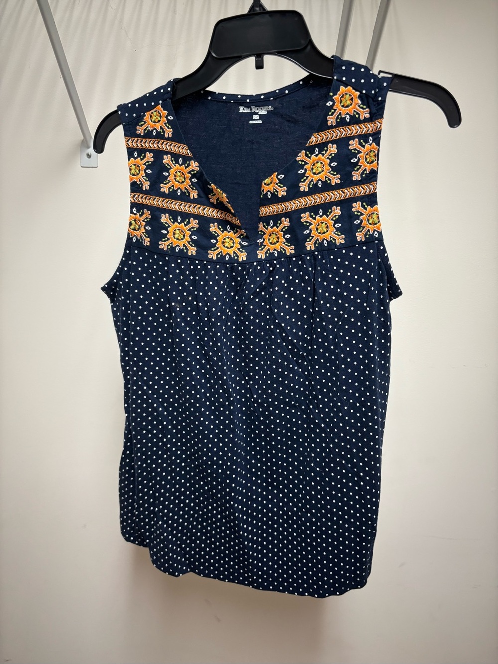 Kim Rogers Navy Polka Dot Tank with Orange Floral Embroidery